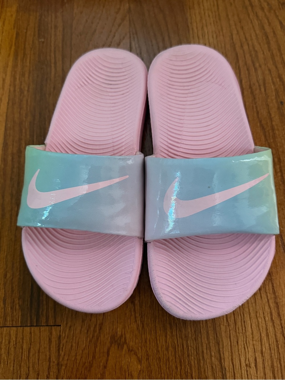 Nike Kawa Girls Pink Iridescent Slide Sandals Pool Beach Shoes Summer Blue - Picture 6 of 9
